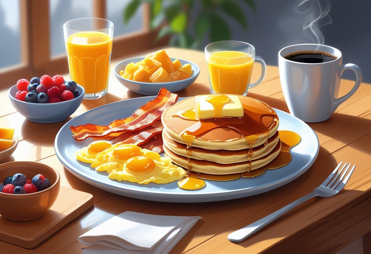 Mesa com café da manhã americano, incluindo bacon, ovos mexidos, panquecas com maple syrup, frutas, suco de laranja e café.