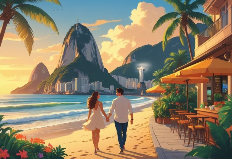 Um casal caminhando de mãos dadas em uma praia do Rio de Janeiro ao pôr do sol, com o Pão de Açúcar e o Cristo Redentor ao fundo.