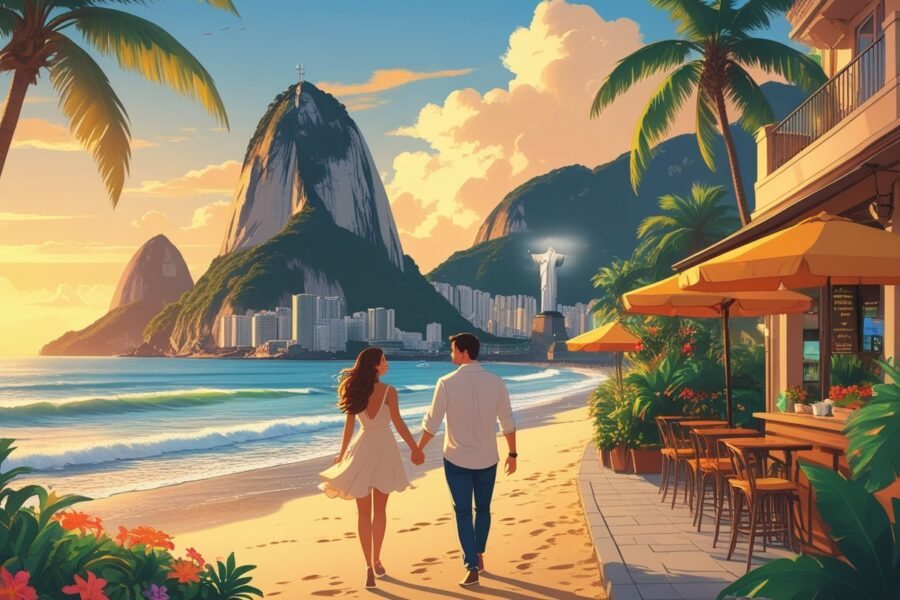 Um casal caminhando de mãos dadas em uma praia do Rio de Janeiro ao pôr do sol, com o Pão de Açúcar e o Cristo Redentor ao fundo.