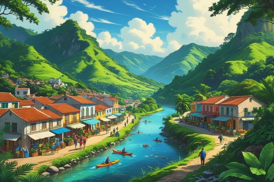 Vista da cidade de Aiuruoca com montanhas verdes, rio tranquilo, casas coloridas, pessoas caminhando, praticando caiaque e explorando a natureza ao redor.