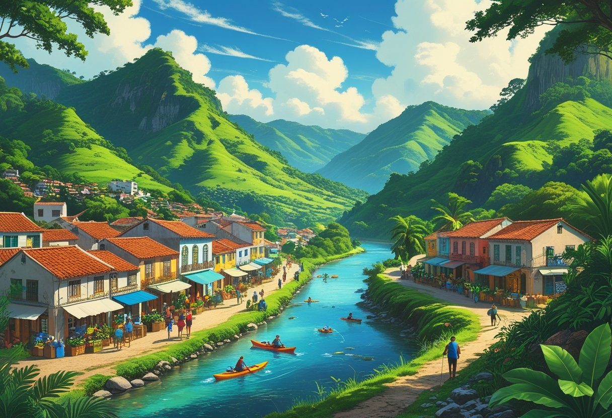 Vista da cidade de Aiuruoca com montanhas verdes, rio tranquilo, casas coloridas, pessoas caminhando, praticando caiaque e explorando a natureza ao redor.