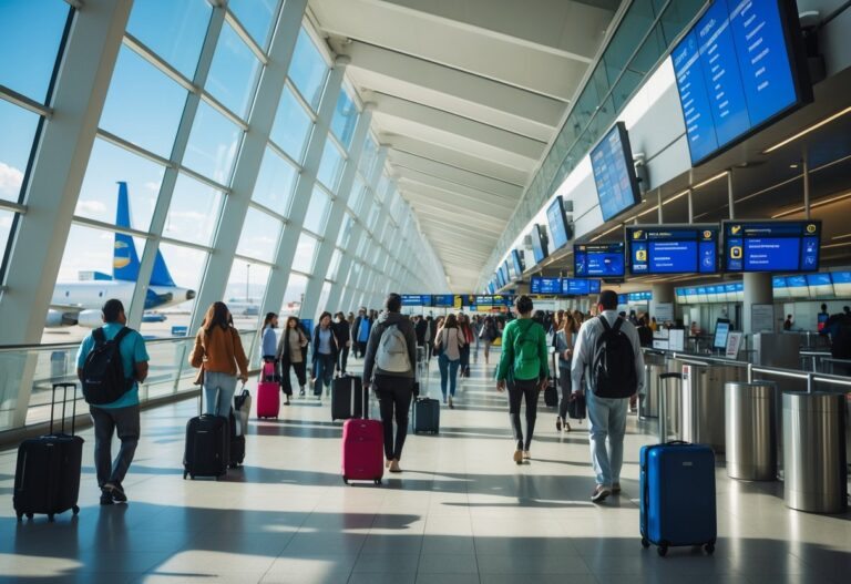 Terminal de aeroporto movimentado em Buenos Aires com passageiros caminhando e áreas de espera.