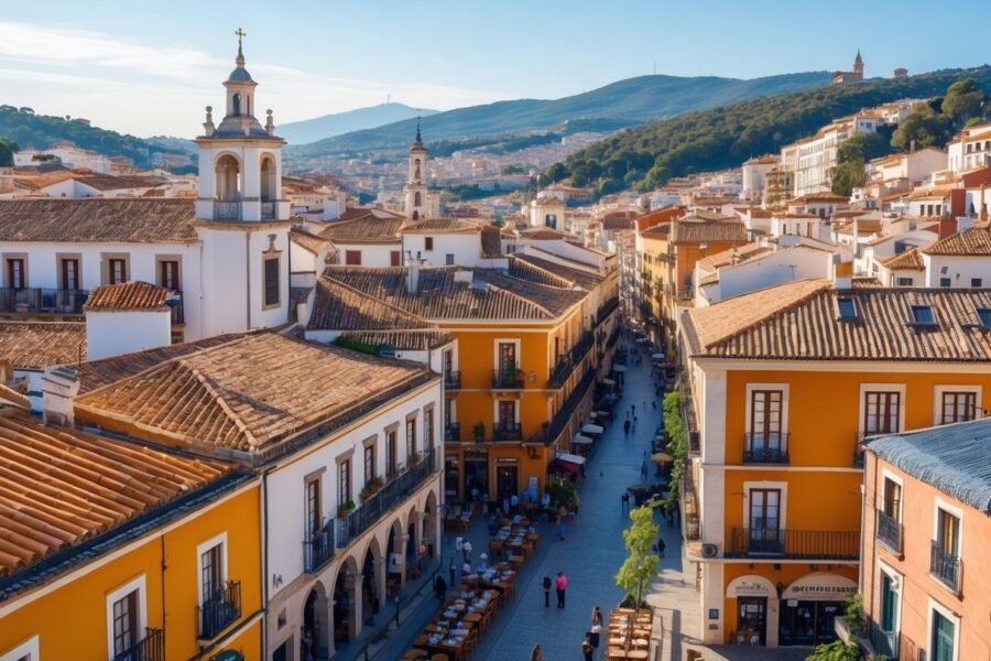 Vista panorâmica de cidades próximas a Madrid com arquitetura histórica, ruas estreitas e colinas ao fundo.