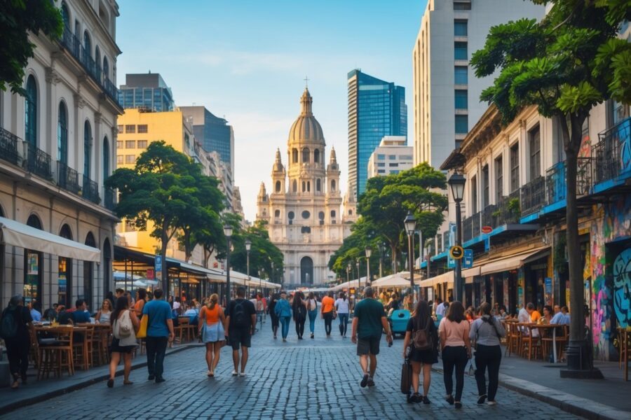 Vista da cidade de São Paulo com pessoas caminhando, prédios altos, a Catedral da Sé e arte de rua ao fundo em um dia ensolarado.