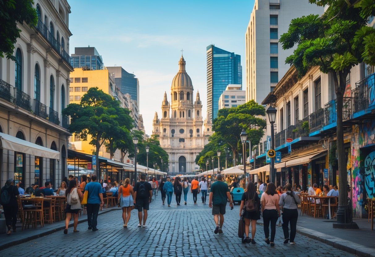 Vista da cidade de São Paulo com pessoas caminhando, prédios altos, a Catedral da Sé e arte de rua ao fundo em um dia ensolarado.