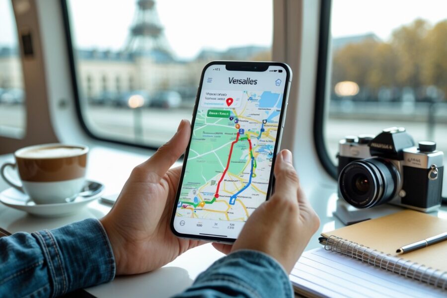 Pessoa planejando viagem de Paris para Versailles segurando mapa ou smartphone em ambiente de estação de trem ou café.