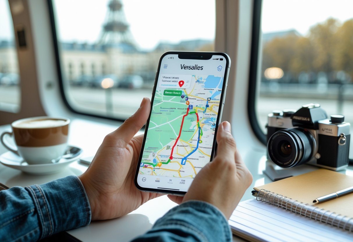 Pessoa planejando viagem de Paris para Versailles segurando mapa ou smartphone em ambiente de estação de trem ou café.