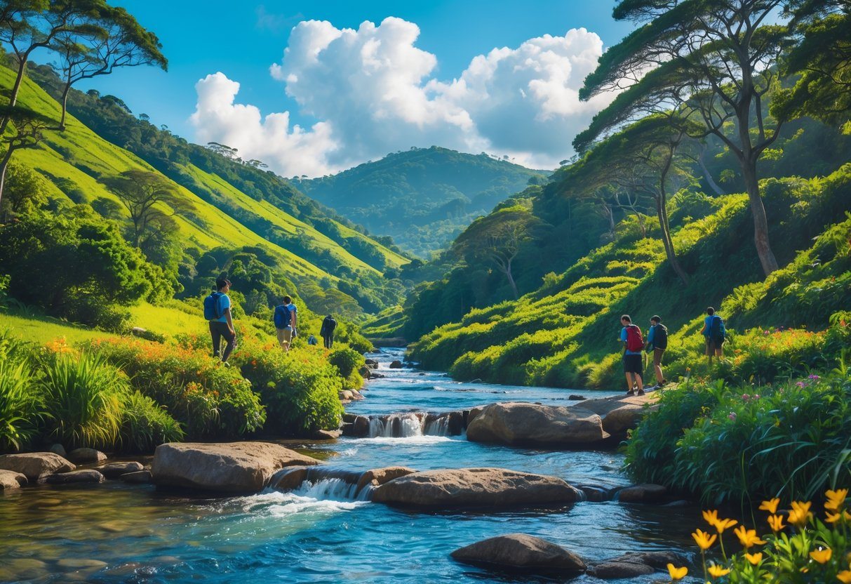 Paisagem natural com colinas verdes, floresta atlântica, rio com cachoeira e pessoas caminhando perto de Curitiba.