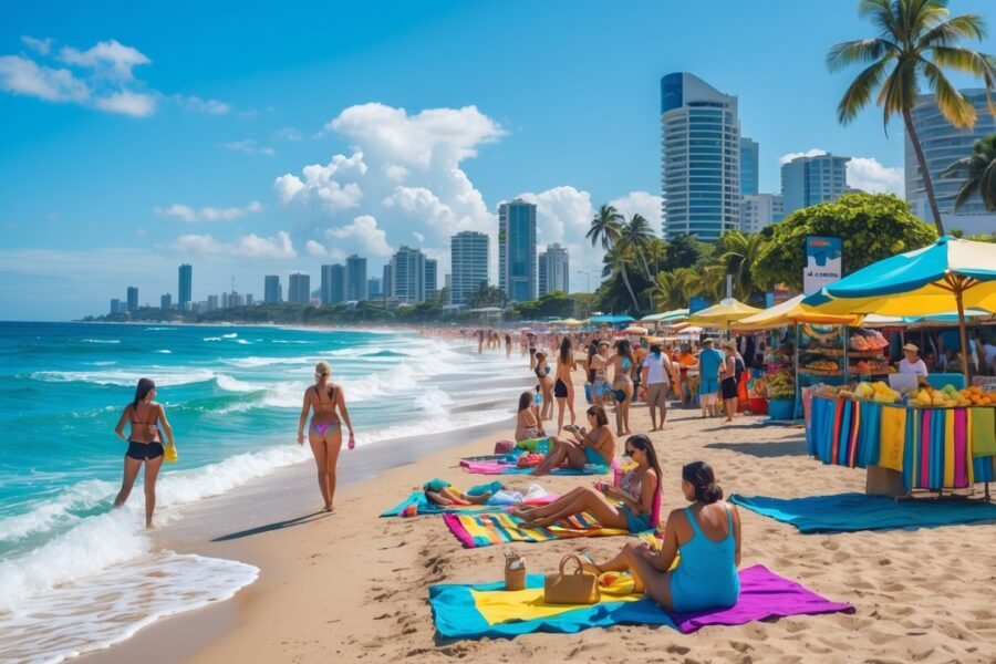 Praia ensolarada em Fortaleza com turistas aproveitando o mar, jogando vôlei e mercado local ao lado.
