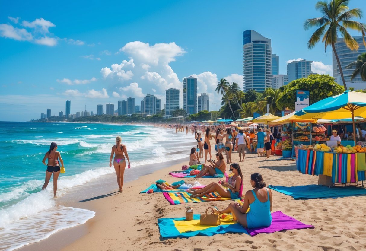 Praia ensolarada em Fortaleza com turistas aproveitando o mar, jogando vôlei e mercado local ao lado.