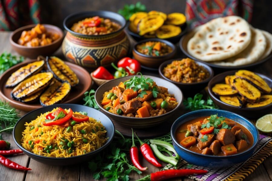 Mesa com pratos tradicionais de comidas de origem africana, incluindo arroz jollof, banana-da-terra grelhada, ensopados e pães, com ingredientes frescos ao redor.