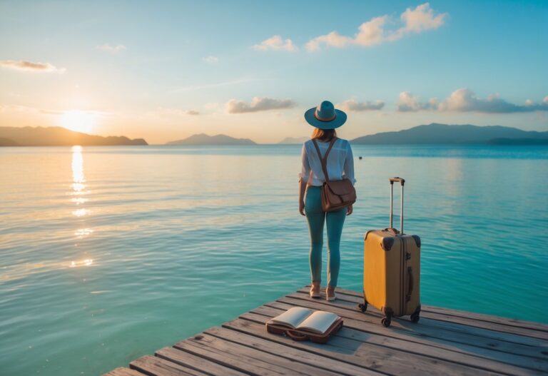 Pessoa em um píer de madeira olhando para o mar calmo durante o nascer do sol, com uma mala vintage e um caderno de viagem ao lado.