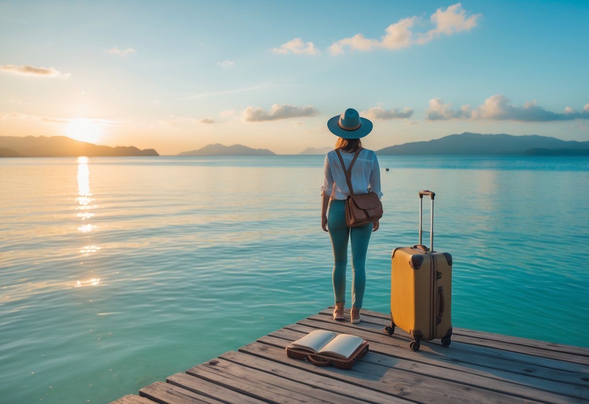Pessoa em um píer de madeira olhando para o mar calmo durante o nascer do sol, com uma mala vintage e um caderno de viagem ao lado.