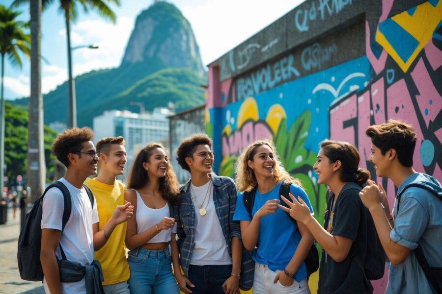 Grupo de jovens conversando animadamente em uma rua colorida do Rio de Janeiro, com grafite e elementos icônicos da cidade ao fundo.