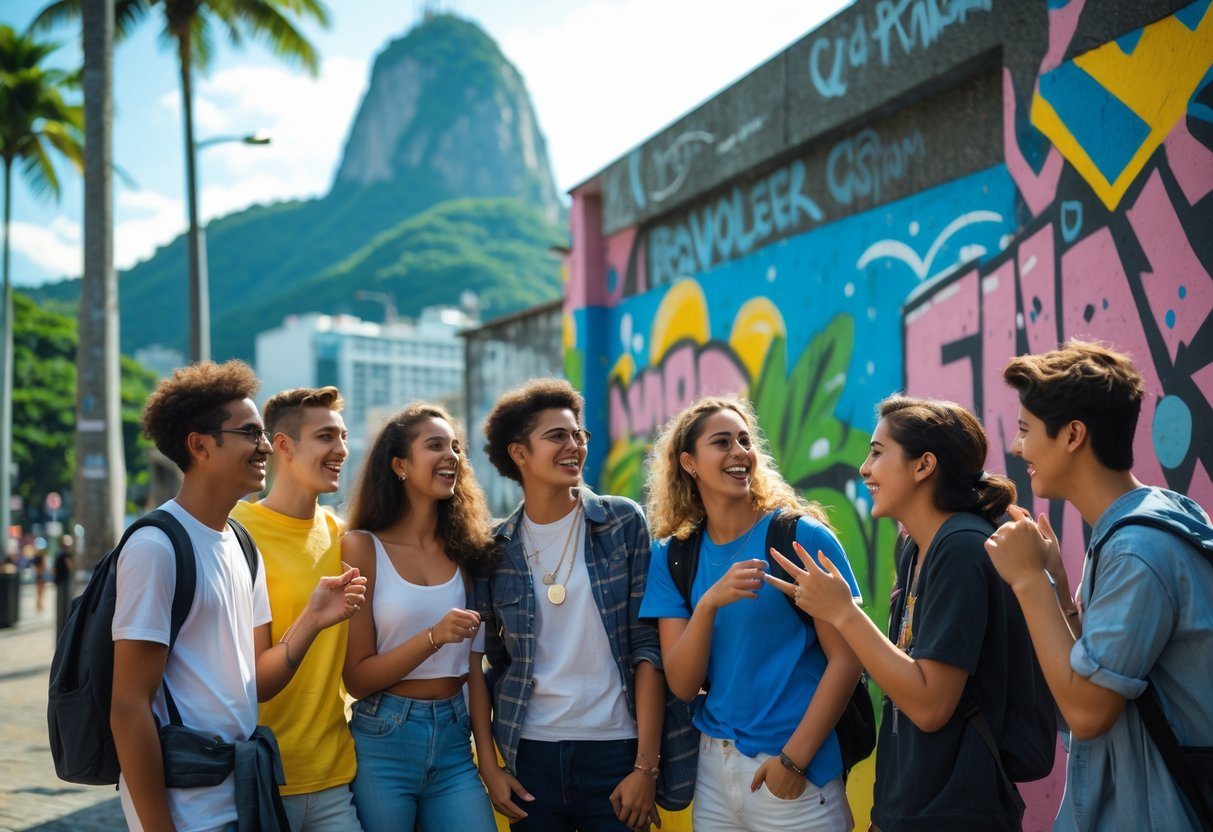 Grupo de jovens conversando animadamente em uma rua colorida do Rio de Janeiro, com grafite e elementos icônicos da cidade ao fundo.