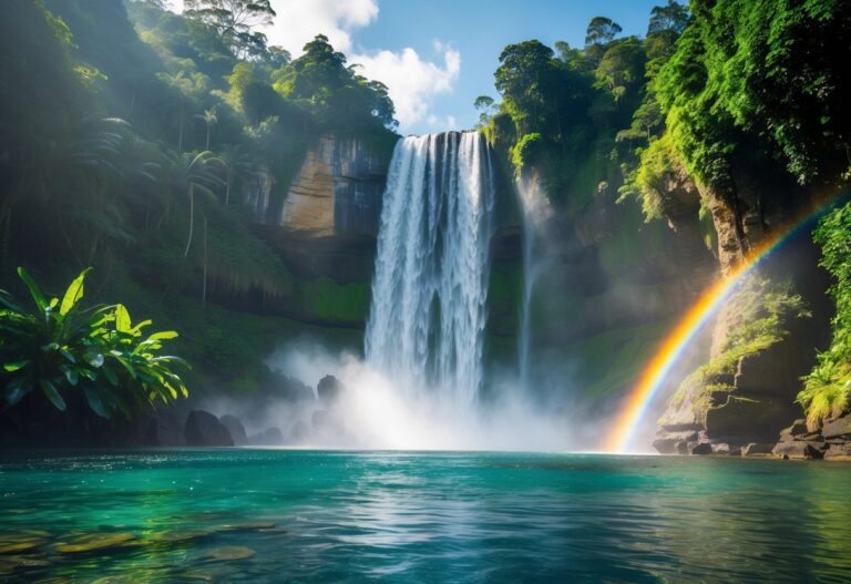 Cachoeira majestosa caindo sobre rochas cercada por vegetação tropical verde e densa.