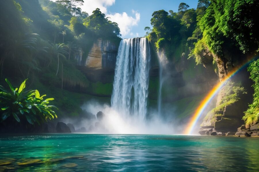 Cachoeira majestosa caindo sobre rochas cercada por vegetação tropical verde e densa.