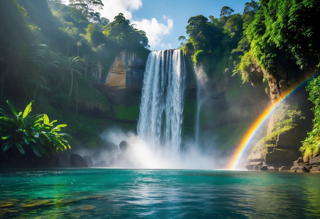 Cachoeira majestosa caindo sobre rochas cercada por vegetação tropical verde e densa.