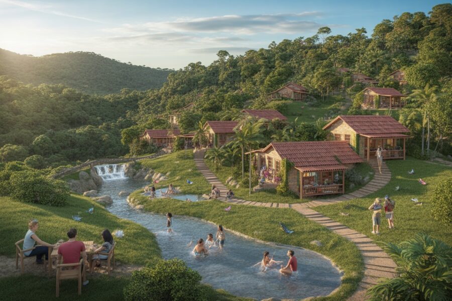 Vista de uma vila montanhosa com casas rústicas, rio com cachoeiras e pessoas caminhando e nadando em meio à natureza verde.