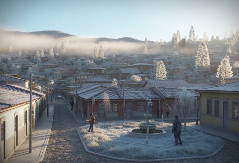 Cidade pequena em área montanhosa com casas coloniais, ruas de paralelepípedo e árvores com geada, ambiente frio e nevoeiro suave ao amanhecer.