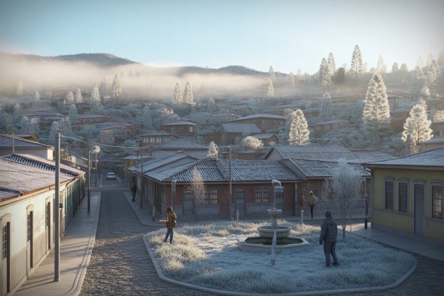 Cidade pequena em área montanhosa com casas coloniais, ruas de paralelepípedo e árvores com geada, ambiente frio e nevoeiro suave ao amanhecer.