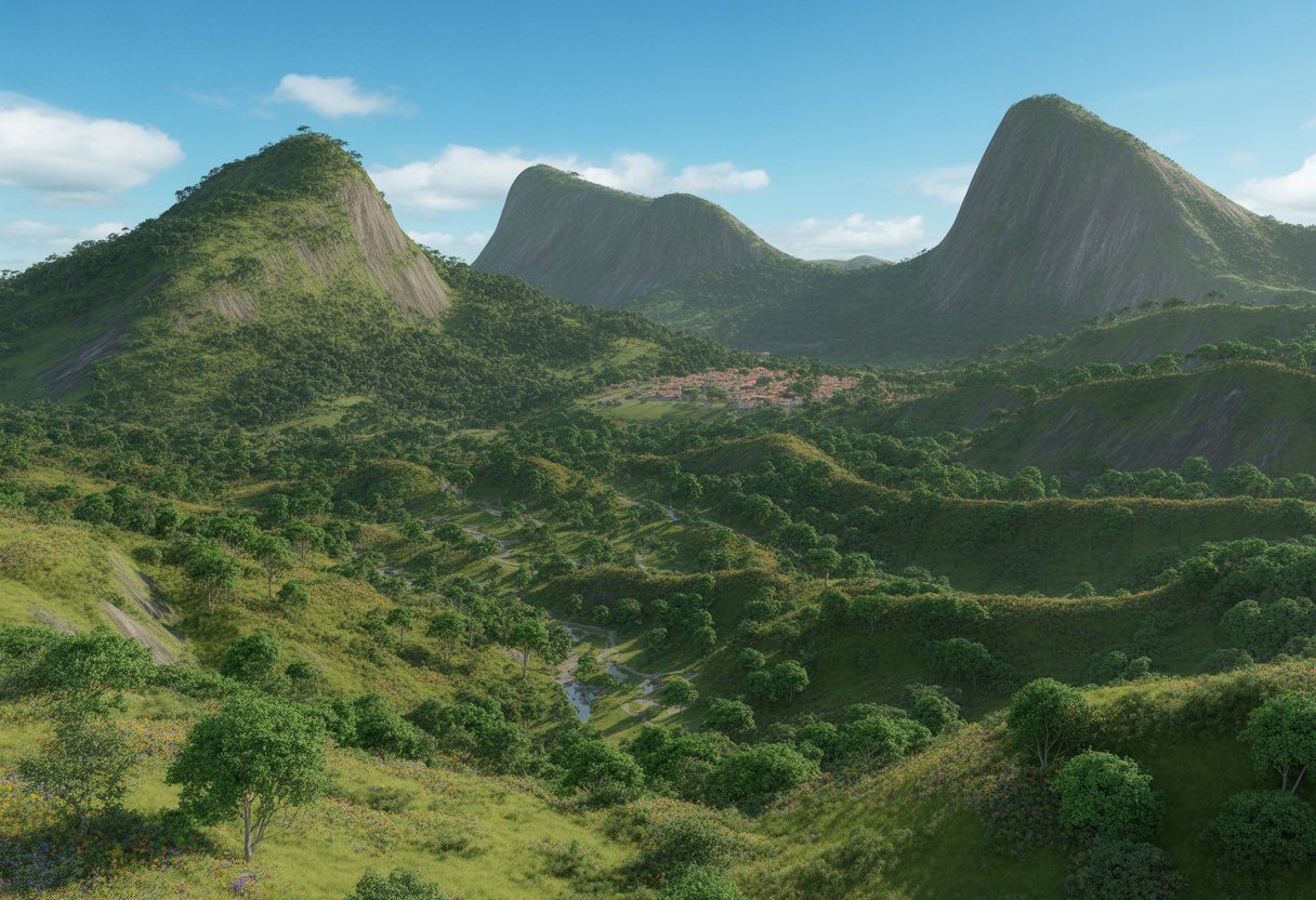 Paisagem montanhosa com serras verdes, rios e vilarejo entre as colinas no estado do Rio de Janeiro.