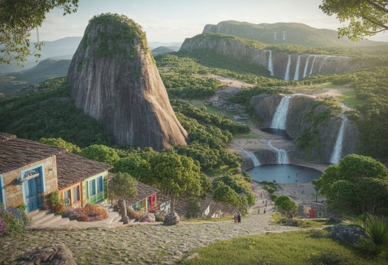 Vista de São Thomé das Letras com formações rochosas, floresta verde, cachoeiras e uma vila rústica com casas de pedra e ruas de paralelepípedo.