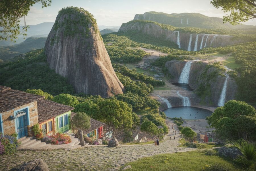 Vista de São Thomé das Letras com formações rochosas, floresta verde, cachoeiras e uma vila rústica com casas de pedra e ruas de paralelepípedo.