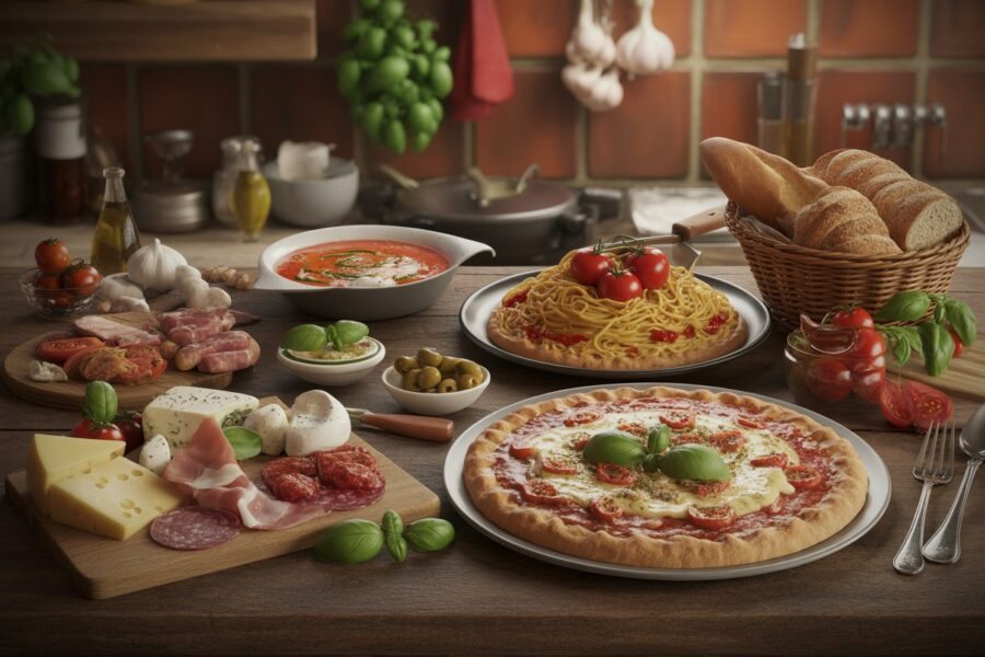 Mesa com comidas típicas da Itália, incluindo pizza Margherita, espaguete carbonara, queijos, embutidos, azeitonas e pão, em um ambiente de cozinha italiana.
