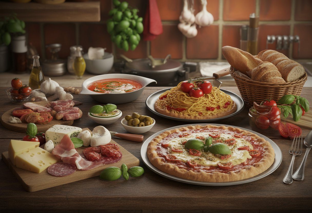 Mesa com comidas típicas da Itália, incluindo pizza Margherita, espaguete carbonara, queijos, embutidos, azeitonas e pão, em um ambiente de cozinha italiana.