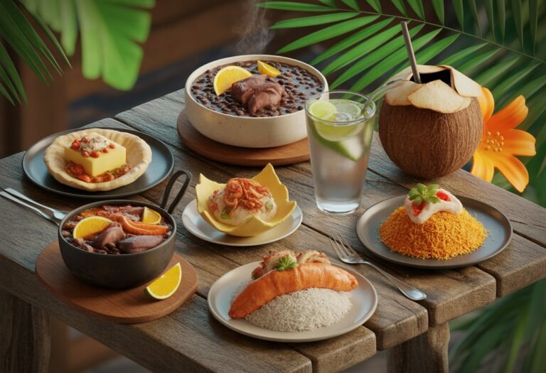Mesa com pratos tradicionais do Rio de Janeiro, incluindo feijoada, pastel, acarajé, farofa, água de coco e caipirinha, decorada com folhas tropicais e flores.