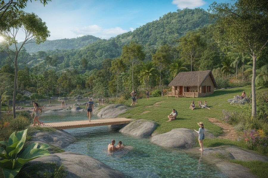 Vista de uma paisagem natural em Sana com montanhas verdes, rio cristalino, ponte de madeira, cabana rústica e pessoas fazendo trilha, nadando e relaxando.
