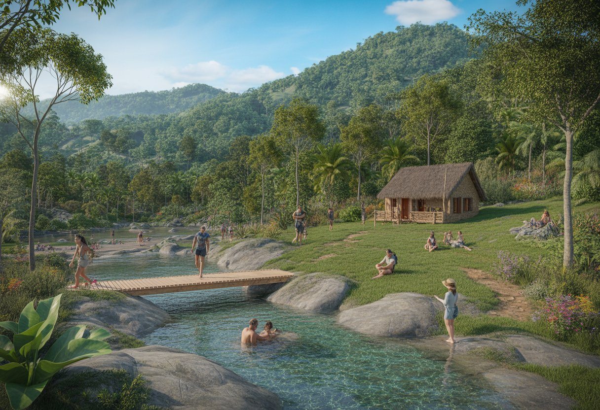 Vista de uma paisagem natural em Sana com montanhas verdes, rio cristalino, ponte de madeira, cabana rústica e pessoas fazendo trilha, nadando e relaxando.