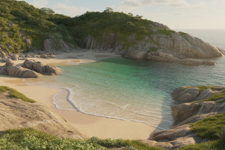 Praia pequena e isolada entre rochas com água azul cristalina e areia dourada, cercada por vegetação verde.