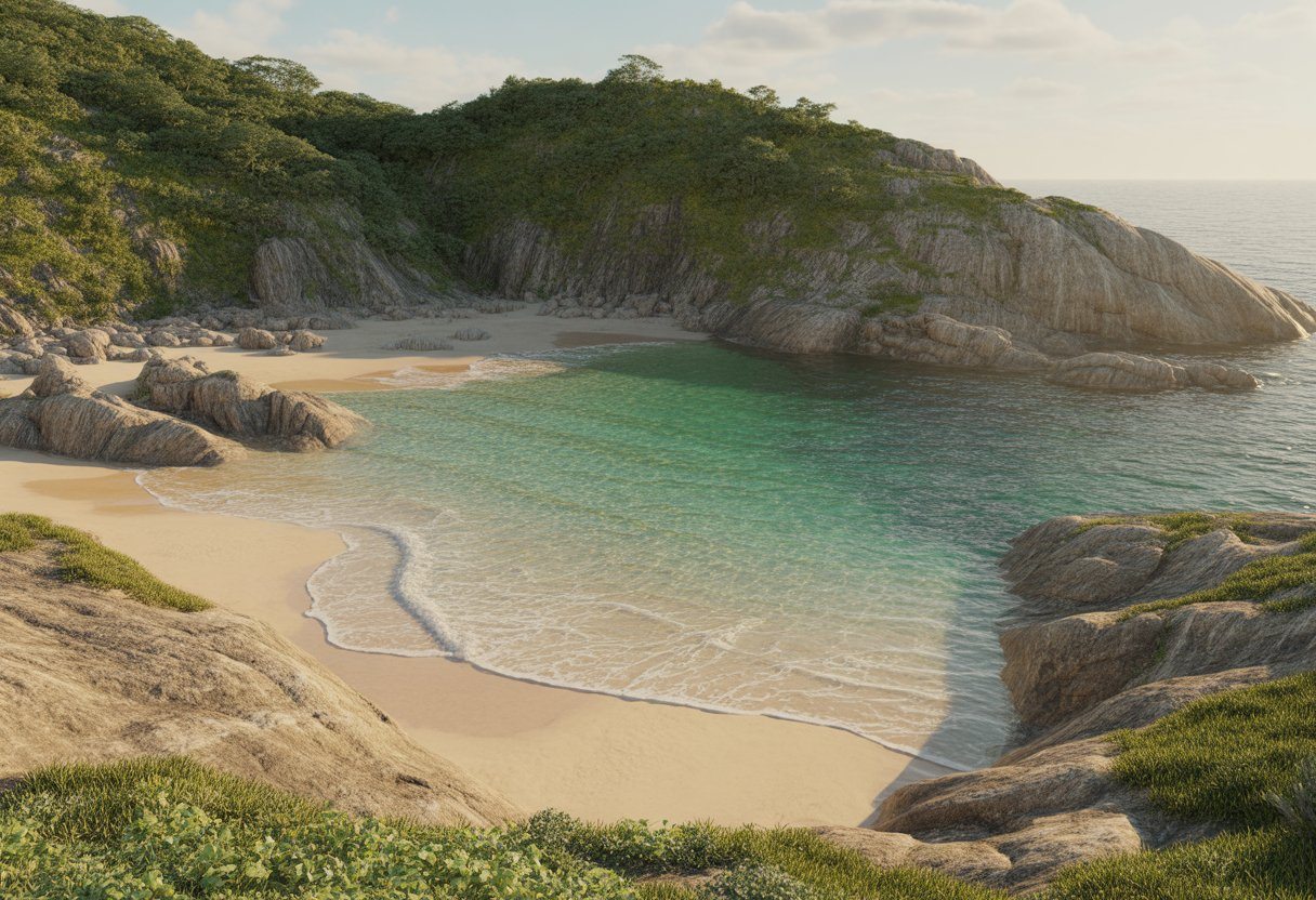 Praia pequena e isolada entre rochas com água azul cristalina e areia dourada, cercada por vegetação verde.