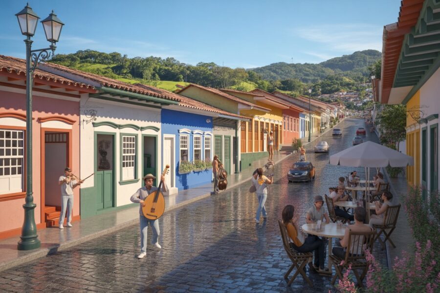 Rua de cidade pequena com casas coloridas, pessoas em cafés ao ar livre e montanhas ao fundo em Conservatória.