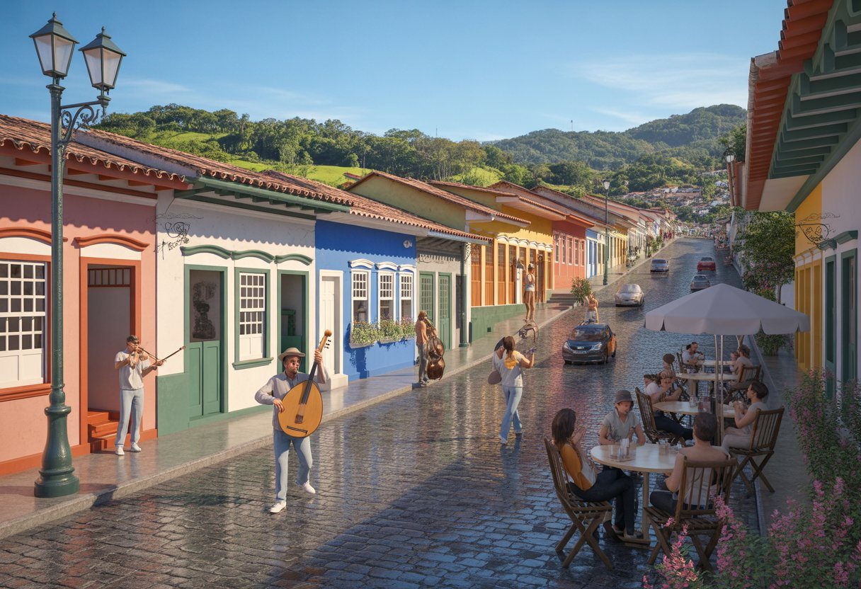 Rua de cidade pequena com casas coloridas, pessoas em cafés ao ar livre e montanhas ao fundo em Conservatória.