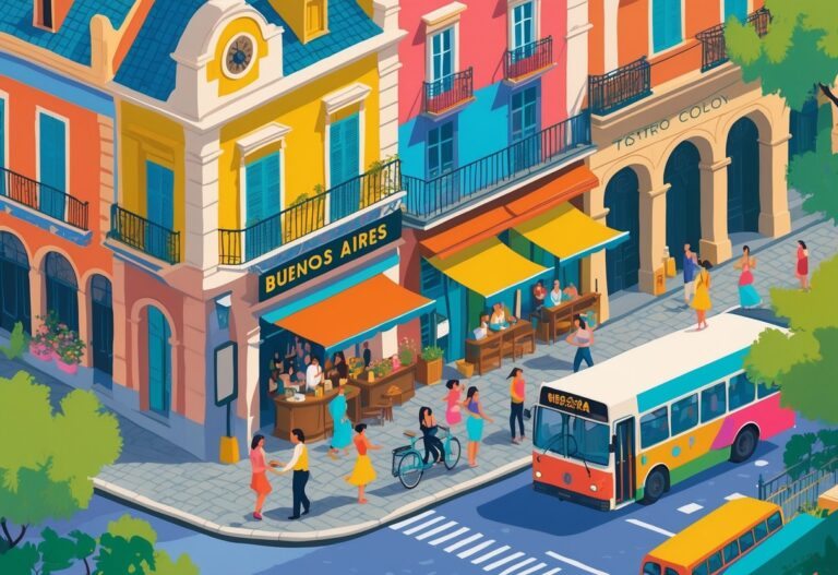 Ilustração mostrando pontos turísticos e atividades para fazer em Buenos Aires durante três dias, incluindo dança de tango, cafés, mercados e monumentos famosos.