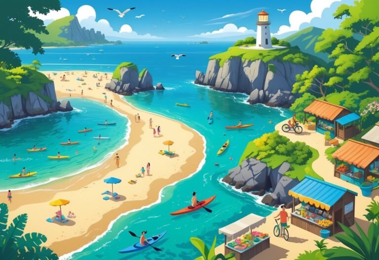 Cena da Ilha do Mel mostrando praias com pessoas, águas claras com caiaques, trilhas verdes com ciclistas, um farol sobre penhasco e barracas coloridas de mercado local.