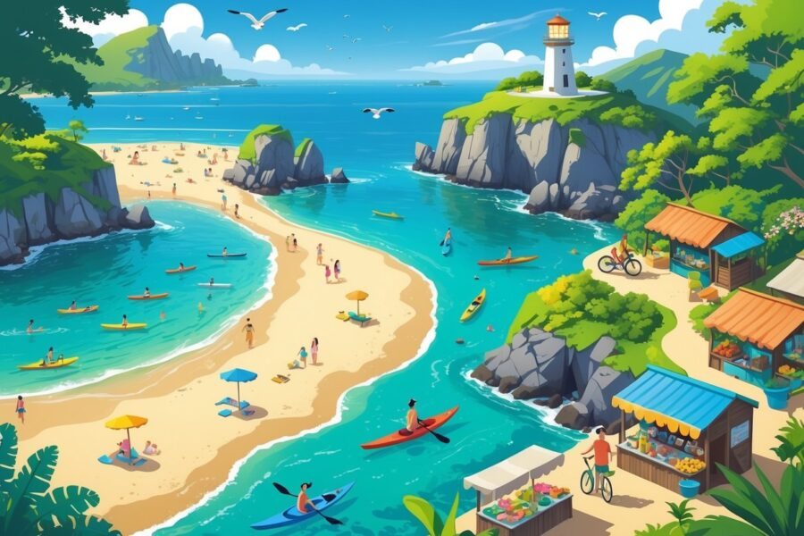 Cena da Ilha do Mel mostrando praias com pessoas, águas claras com caiaques, trilhas verdes com ciclistas, um farol sobre penhasco e barracas coloridas de mercado local.