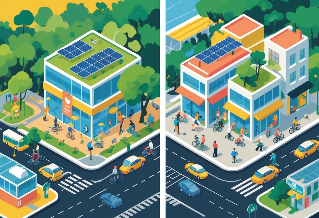 Ilustração mostrando duas partes da cidade de Curitiba, com áreas verdes, transporte público e pessoas felizes de um lado, e chuva, trânsito e edifícios antigos do outro.