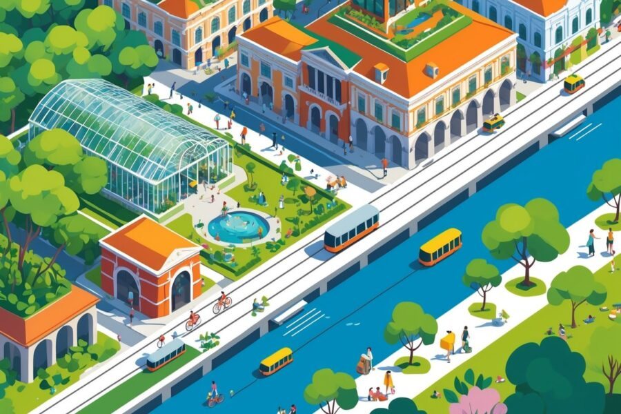 Ilustração mostrando pontos turísticos e atividades em Curitiba, como o Jardim Botânico, a Ópera de Arame, pessoas andando de bicicleta, cafés ao ar livre e áreas verdes com famílias fazendo piquenique.