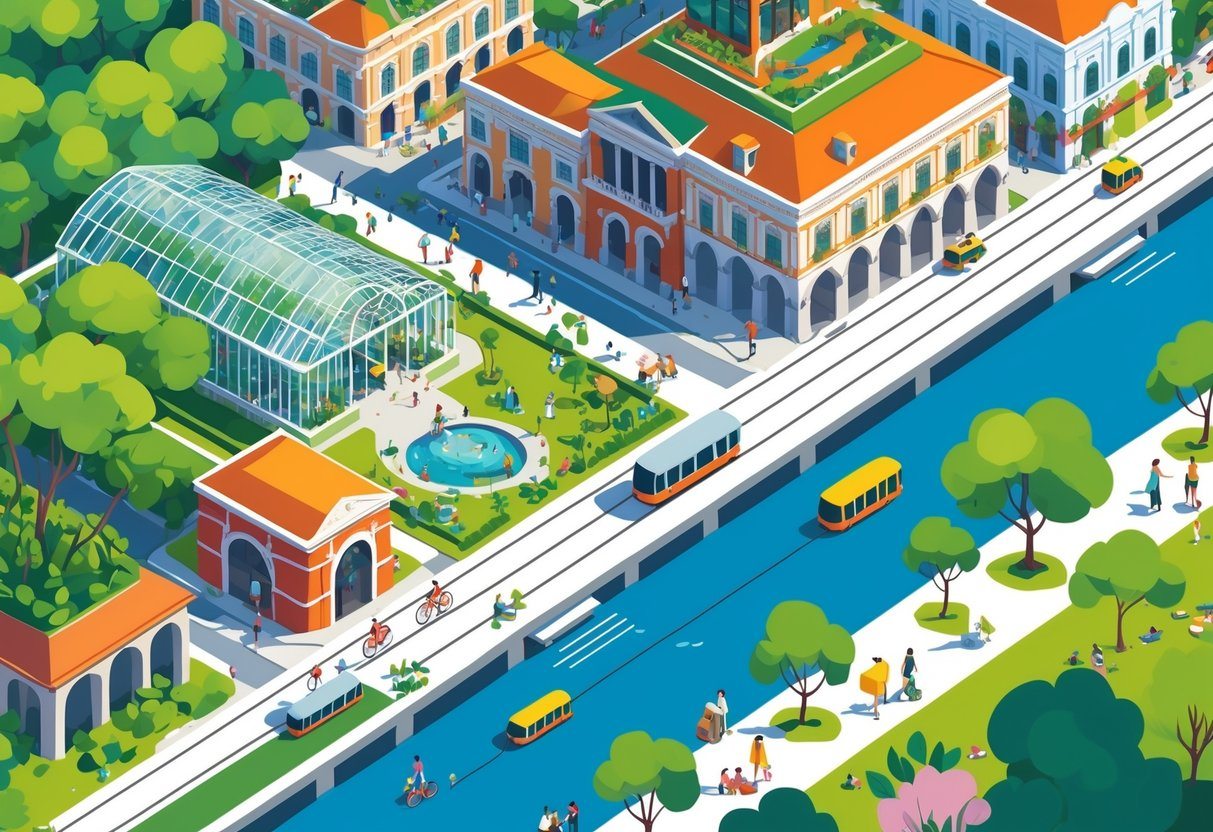 Ilustração mostrando pontos turísticos e atividades em Curitiba, como o Jardim Botânico, a Ópera de Arame, pessoas andando de bicicleta, cafés ao ar livre e áreas verdes com famílias fazendo piquenique.