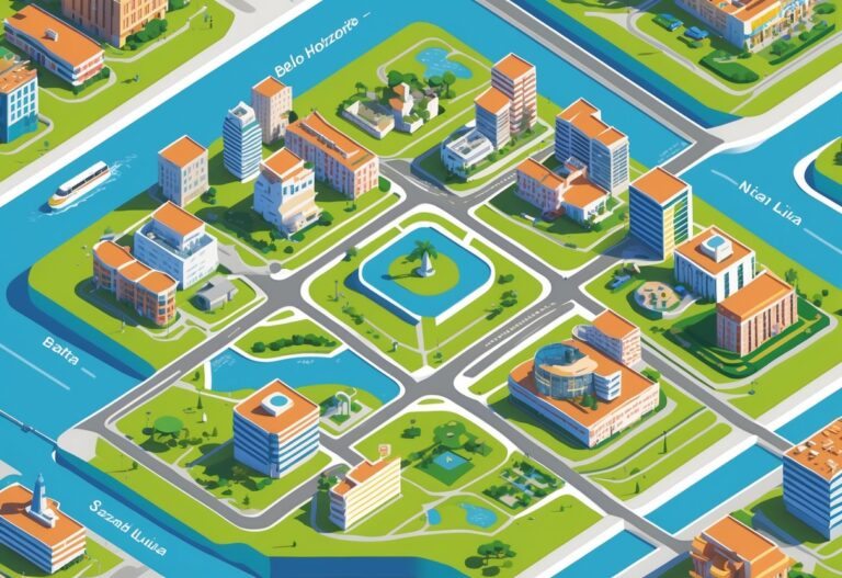 Ilustração mostrando Belo Horizonte e suas cidades próximas conectadas por estradas, com prédios, áreas verdes e rios.