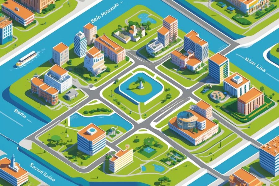 Ilustração mostrando Belo Horizonte e suas cidades próximas conectadas por estradas, com prédios, áreas verdes e rios.