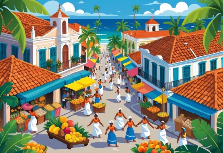 Cena colorida mostrando prédios coloniais, pessoas com roupas tradicionais, mercado com frutas tropicais, músicos tocando e dançarinos em uma rua com vista para o mar e palmeiras.