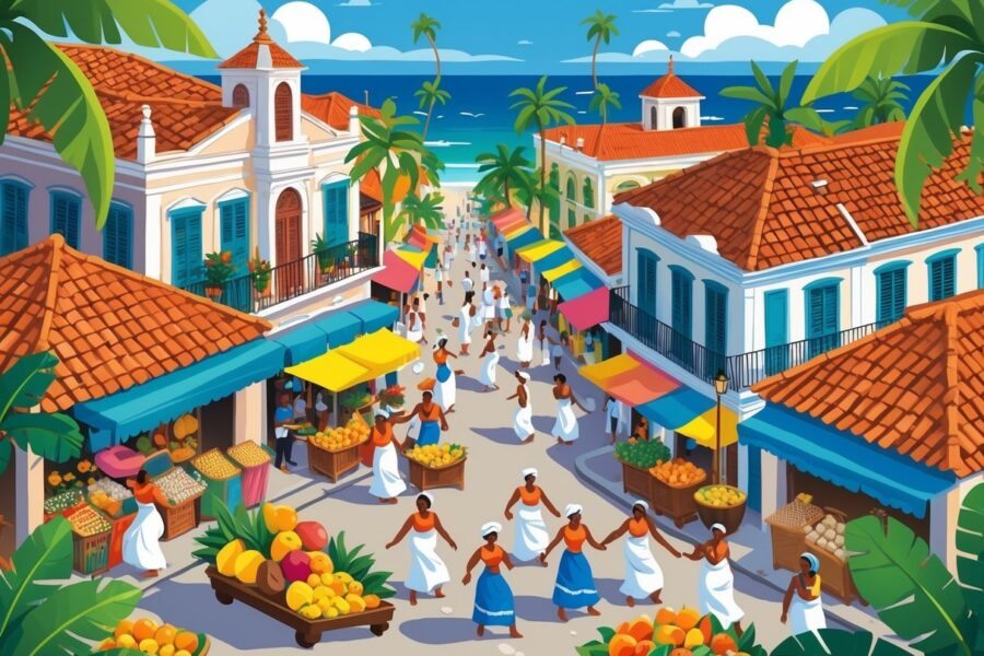 Cena colorida mostrando prédios coloniais, pessoas com roupas tradicionais, mercado com frutas tropicais, músicos tocando e dançarinos em uma rua com vista para o mar e palmeiras.