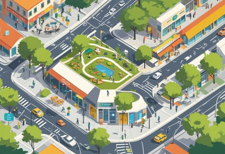 Mapa ilustrado mostrando um bairro urbano com cafés, parques, lojas, pontos de transporte e pessoas caminhando e andando de bicicleta.