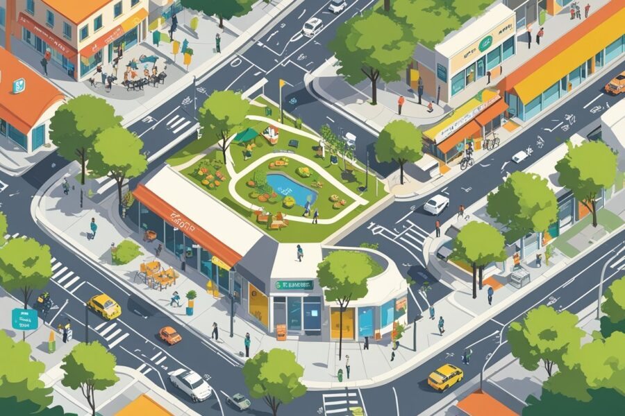 Mapa ilustrado mostrando um bairro urbano com cafés, parques, lojas, pontos de transporte e pessoas caminhando e andando de bicicleta.