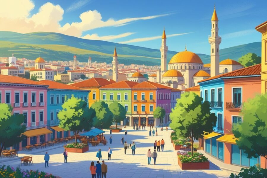 Vista da cidade de Tirana com prédios coloridos, a mesquita Et'hem Bey, a Pirâmide de Tirana, pessoas na praça e árvores ao redor.